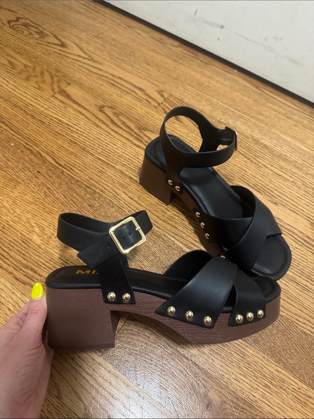 MIA Black Platform Crisscross Heels with Gold Stud Accents